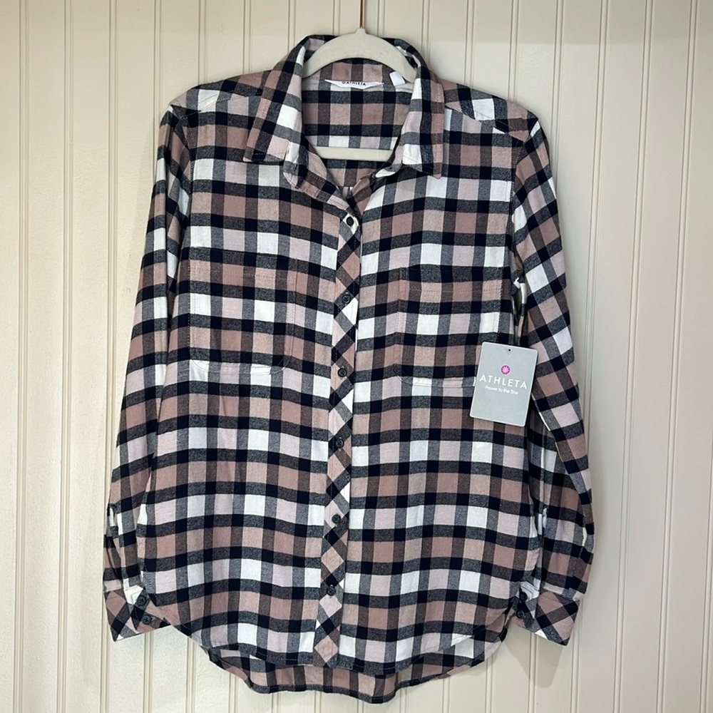 Athleta Lumberjill Plaid Navy Pink Cotton Flannel Top Winter warm cozy NWT